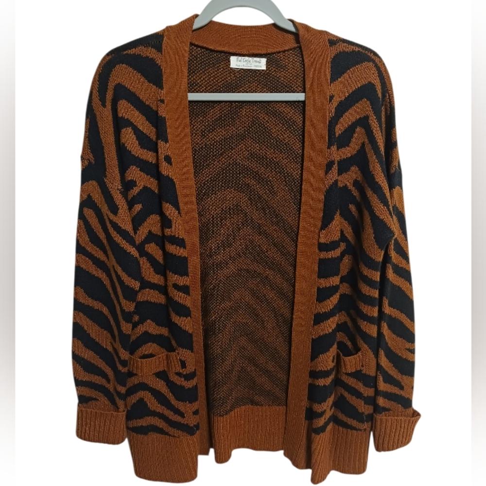 FULL CIRCLE TRENDS BURNT ORANGE/BLACK ZEBRA PRINT OPEN FRONT CARDIGAN SIZE M